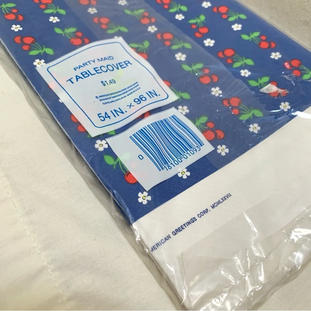 1970s blue tablecover with red cherries white daisies print by Party Maid
